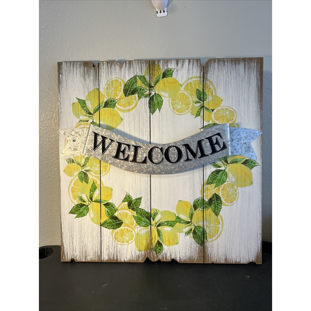 May Rich Welcome Sign Adults Large Yellow NWT Wood Lemon Wreath Farmhouse Decor